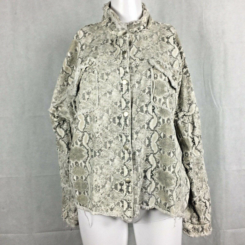 Mittoshop Jacket Womens Sz M L Gray Snakeskin Cotton Python Frayed Snap Denim